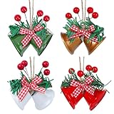 Campanas de Navidad 4 Piezas de Metal con Lazos y Bayas Artificiales para Decoraciones de Árboles Ventanas y Ghirnaldas Festivas