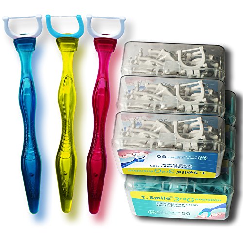 T.Smile 3rd Generation Dental Flosser 1 Handle + 50 Soft Silky Ribbon Floss Heads + 50 Extra Strength Floss Heads, Evolutionary Clean, Pack of 3