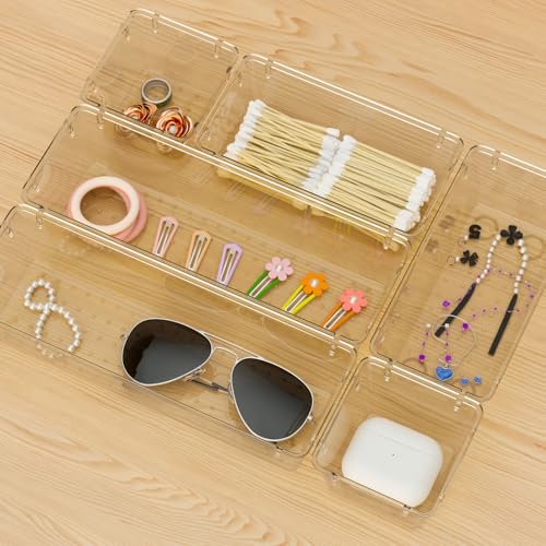 Image of WOWBOX 6 Pack Clear Drawer Organizer Set, Acrylic Drawer Storage Trays, Storage Bins for Makeup, Cosmetics, Jewelries, Utensils, Gadgets, Office, Champagne