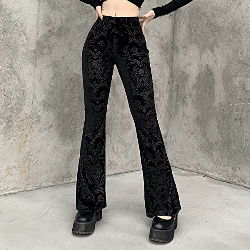 Women's Gothic Embossed Flare Pants Black Velvet Elastic Waist Bell Bottom Trousers4