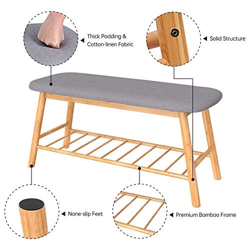 Shoe Rack Bench Ottoman Upholstered - Grey Padded Cushion Bamboo Storage Seat Shelf Free Standing Entryway Hallway Bedroom Living Room