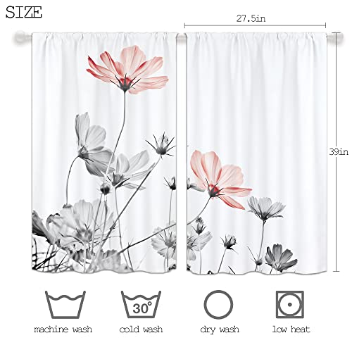 Red Grey Sheer Floral Kitchen Curtains, Flower Window Curtains For Kitchen, Rustic Retro Small Kitchen Curtain Farmhouse Country Botanical Short Cafe Curtains Window Drapes 27.5X39 Inch 2 Panels #TOP2