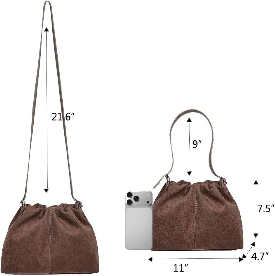 Women Suede Purse Tote Handbag Drawstring Bucket Cloud Bag Crossbody Shoulder Bag - Image 4