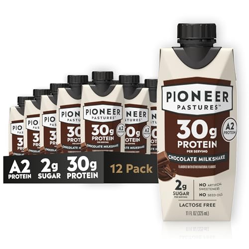 Pioneer Pastures - High Protein A2 Milkshakes - Chocolate - A2 Nutritional Milk, 30g Protein, 2g Sugar, No Artificial Sweeteners, No Seed Oils - All-Natural, Breakfast Shake, Meal Replacement, Workout - 11oz, 12 Pack