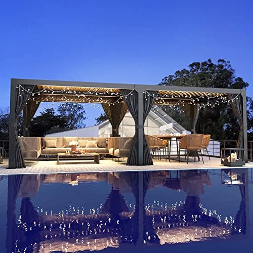 MELLCOM Louvered Pergola with Adjustable Aluminum Rainproof Roof, Outdoor Hardtop Gazebo for Patio, Lawn & Garden, Curtains and Netting Included, Dark Gray, 12