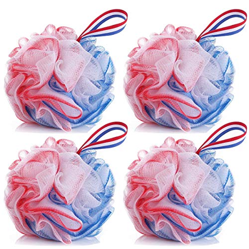 Loofah Sponge 60g Mesh Luxury Poufs Exfoliating Loofy Bath Sponge Soft Shower Puff Balls Scrunchie Body Scrubber Pouf Double Color Red and Blue 4 Set