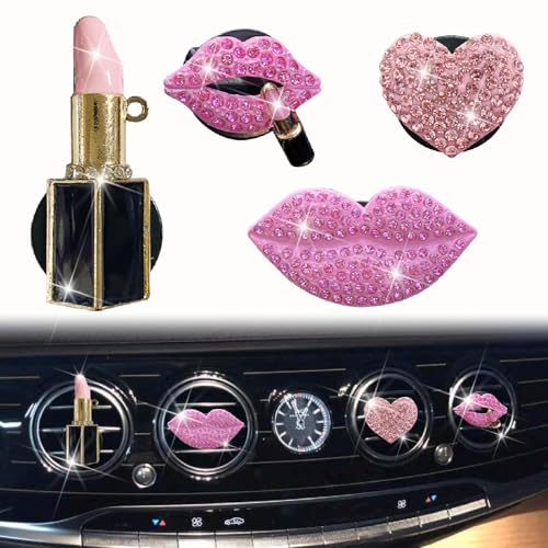 Image of 4 Pcs Pink Lips Air Vent Clips, Sexy Lips Kiss Heart Shape Car Air Fresheners, Charms Rhinestone Diffuser Vent Clip Cute Car Decor Bling Car Accessories for Women, Automotive Air Fresheners (Pink, 4)