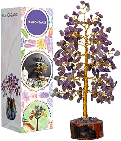 FASHIONZAADI Amethyst Crystal Tree Gemstone Money Feng Shui Bonsai Trees For Good luck Chakra Stone Healing Crystals Home Office Living Room Decor Gift size -10 Inch (Golden Wire)