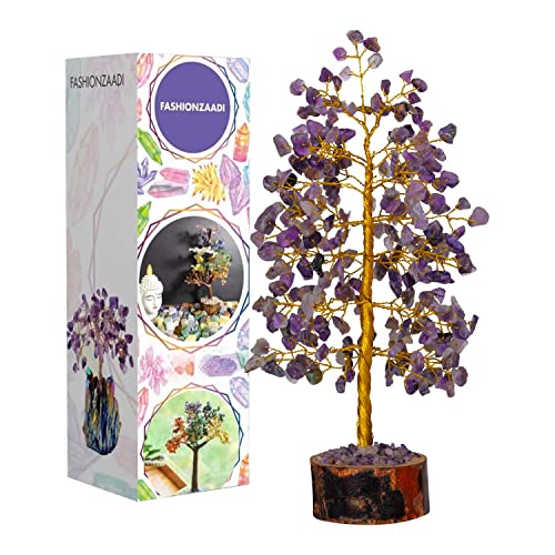 FASHIONZAADI Amethyst Crystal Tree Gemstone Money Feng Shui Bonsai Trees for Good Luck Chakra Stone Healing Crystals Home Office Living Room Décor Gift Size -10 Inch (Golden Wire) Cover