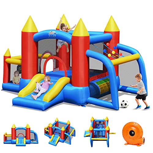 COSTWAY Château Gonflable 6 en 1 avec Toboggan Lisse, Aire de Jeu Gonflable en Oxford avec Maison de Saut, Maille Respirante, 60 Boules pour 4 Enfants de 3-10 Ans,Charge 90kg, avec Souffleur
