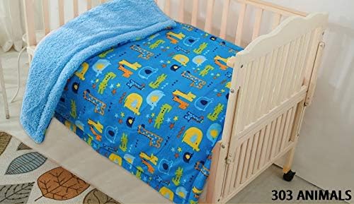 Fancy Linen Faux Fur Flannel Soft Baby Boys Kids Throw Blanket with Sherpa Backing Warm and Cozy Stroller or Toddler Bed Blanket 40"x 50" Light Blue Animals Elephant Alligator Giraffe Zoo New