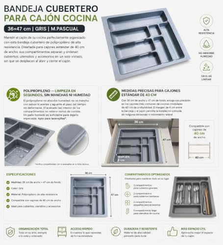 Miniatura 2 de M.Pascual - Bandeja Cubertero Para Cajón De Cocina, Gris, Organizador De Cubiertos 41 X 47 Cm