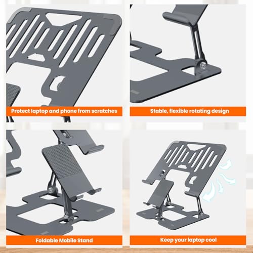 Image of Dyazo 2 in 1 Adjustable Laptop & Mobile Stand | Foldable & Ventilated Riser for Laptops upto 15.6 inch | Portable Adjustable Height | Compatible for MacBook, HP, Dell, Acer, Lenovo & More (Space Grey)