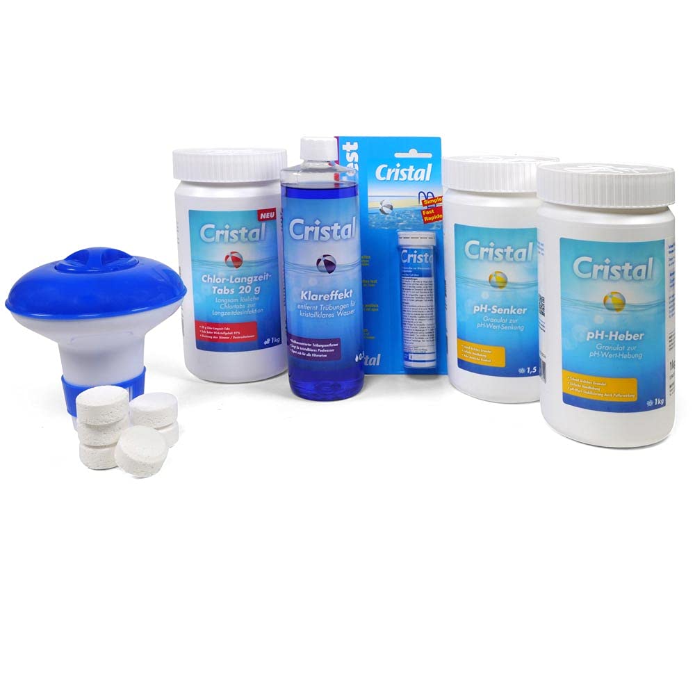 Cristal Poolpflege-Set - 7-teiliges Komplettset für kleine Pools ab 2000 l - Inklusive Wasserpflegeprodukte & Zubehör - Einfache Poolreinigung