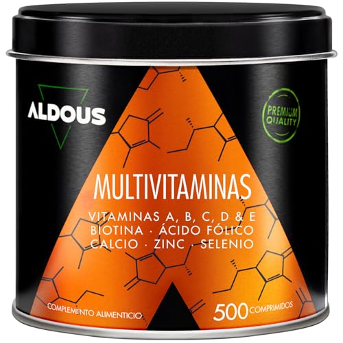 Multivitaminas Hombre y Mujer - 500 comprimidos + 1 año - Multivitaminico: Vitamina C, D, E, A, Vitaminas B, Biotina, Acido Folico, Calcio, Zinc, Selenio - Complejo Vitaminico Completo - ALDOUS