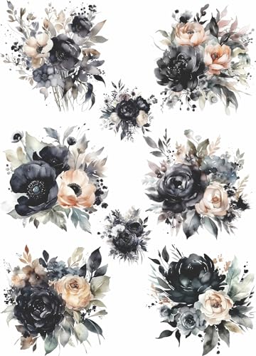 Black Bouquet Rice Paper, 11.5 x 16 inch (1pc) - Mulberry Paper for Decoupage Furniture Print Crafts