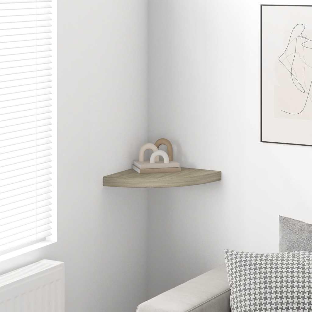 Estantería de esquina flotante de madera de densidad media (35 x 35 x 3,8 cm), diseño de roble | Estante de pared para sala de estar o pasillo que ahorra espacio con soporte invisible y capacidad de carga de hasta 5 kg.