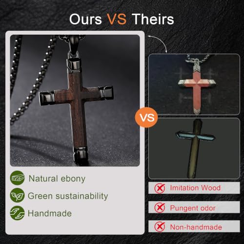 Image of Wooden Cross Necklace for Men with Stainless Steel Adjustable Chain 24-26in, Christian Wood Crucifix Pendant Gift for Him
