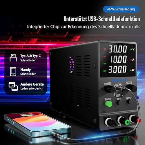 Labornetzteil, Jesverty Labornetzteil DC Regelbar Netzgerät(32 V, 10 A) mit USB und Type-C 20W Schnellladung, Encoder-Knopf, Ausgangs-EIN/Aus-Schalter, 4-stelliges LED-Display – SPS-3010M
