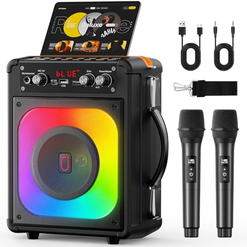 HWWR Karaoke Machine, Portable Bluetooth Speaker with 2 Wireless Microphones for Adults & Kids,Karaoke Speaker for Parties and Gatherings, PA System Supports TWS/USB/TF/REC/AUX and TV Connected