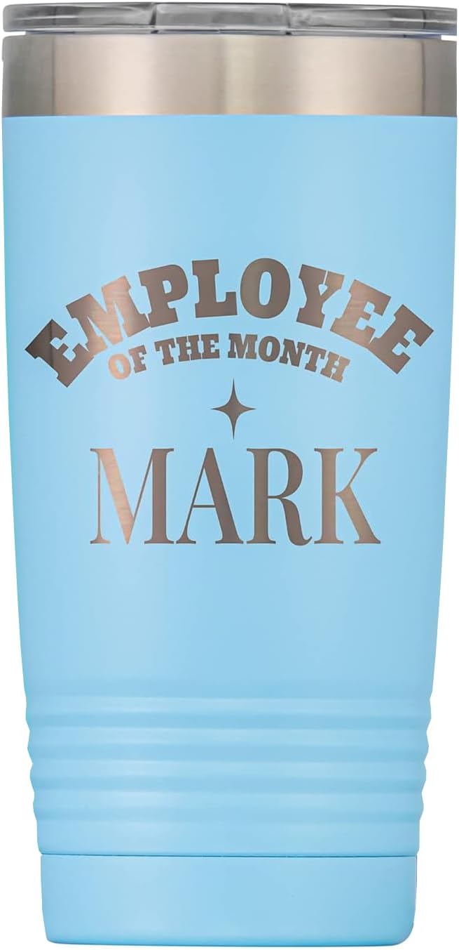 Personalized Employee Tumbler, Engraved Gift for Employees, 20 oz Stainless Steel Vacuum Insulated Travel Cup with Slider Lid, Custom Employee of the Month Gift for Office, Light Blue