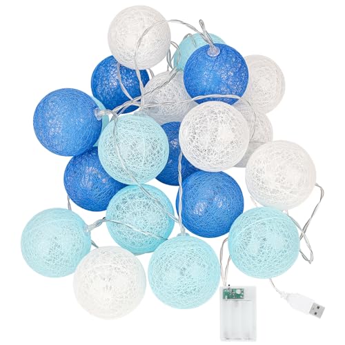 KWODE Guirnalda de luces para interiores, color azul, bola de algodón azul, 3.5 m, bolas de luz LED para niñas, niños, bebés, adolescentes, cama, habitación, funciona con pilas, 6 cm de diámetro