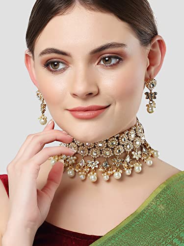 Image of Karatcart Gold Plated Pearl and Drop Kundan Studded Choker Necklace Setfor Women