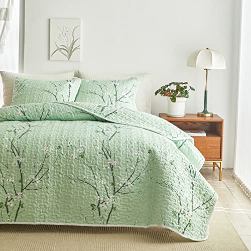 Quilt Set Queen Size Green Branch Bloom Flower 3 Pieces Quilt Bedding Set 88X88 Soft Microfiber Lightweight Coverlet Bedspread Summer 3 Pc Bed Cover For (1 Quilt+ 2 Shams) #TOP4