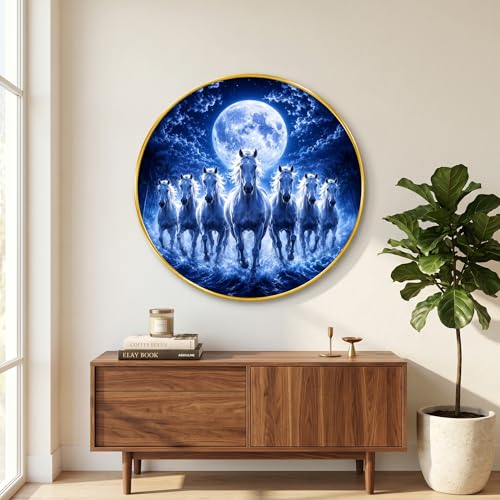 Image of SAF 7 Horse Moon Vastu Round Wall Painting with Premium PVC Golden Frame, Blue Night White Horses Water Art for Living Room Office Home Decor Gift (23 x 23 Inch) GR-456