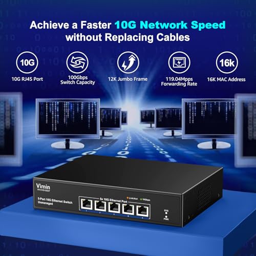 Image of 5 Port 10G Ethernet Switch,10Gbe Network Switch with Base-T RJ45 Port Support 100M /1000M /2.5G /5G /10G Speed Auto-Negotiation, 100Gbps Switching Capacity, Plug & Play for 10G NAS, PC, NIC, WiFi7 Router
