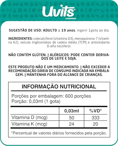 Vitamina D3 2000ui + K2 24mcg 20ml 600 Doses - Uvits