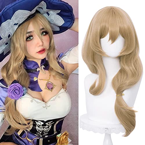Max Beauty Anime Brown Wig for Lisa Cosplay Genshin Impact Curly Wavy Anime Hair Wig with Bangs for Halloween Party + Free Cap