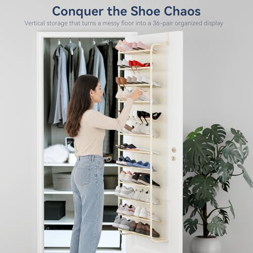 Whitmor 36 Pair Over The Door Shoe Organizer, 12 Tier Hanging Shoe Organizer, Heavy Duty Metal & Mesh Shoe Holder, Hanging Shoe Rack for Closet Organizer & Storage, 74"H x 21.7"W x 7.5"D, Beige by Whitmor - Image 3
