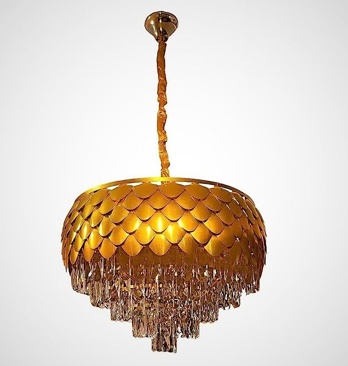 Brontes ORAB Metal and K9 Crystal Golden Finish Exqusite Design Chandelier/Jhumar for Home and Office (Gold_600mm) and 3 Colors Led Plate Included Warm White, Natural Light, Golden Light