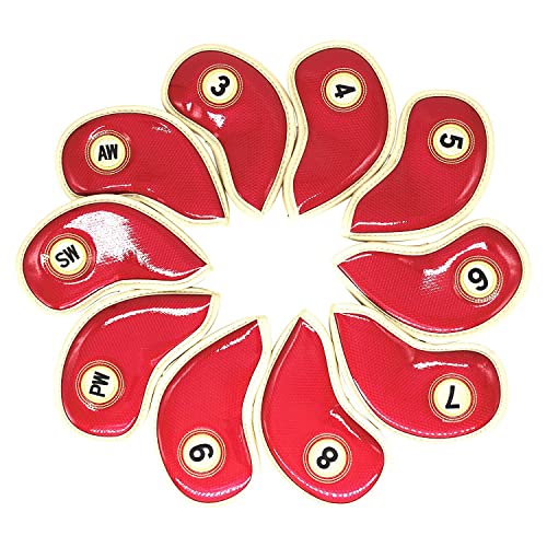 HISTAR 10pcs Crystal Pu Leather Golf Iron Head Covers Set Iron Club Headcover (Red)