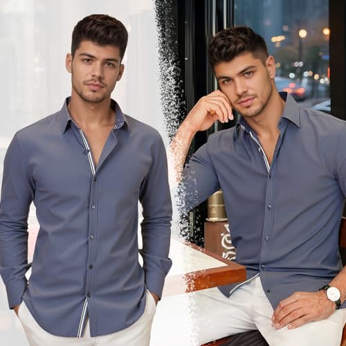 Men's Stretch Denim Dress Shirt Long Sleeve Casual Button Down Everyday Shirts Fall Winter Wedding Shirts3