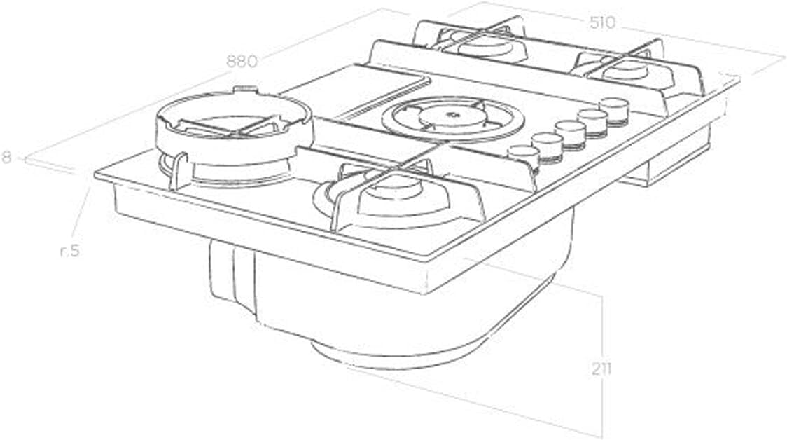 Technical drawing of the Elica Nikolatesla Flame gas hob with dimensions.