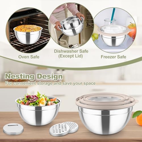 TeamFar Mixing Bowls, Stainless Steel Salad Serving Bowl with Clear Lids & 3 Graters, For Kitchen Cooking Prepping Storing, Size 4.6/2.6/1.5/1/0.7 QT, Nesting & Airtight, Set of 5 & Khaki - Thumbnail 4