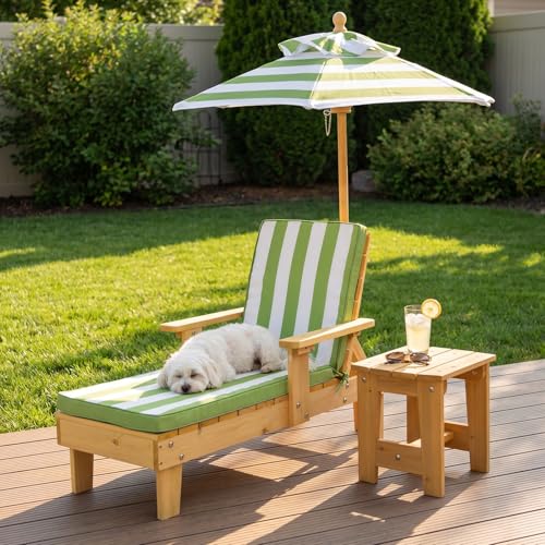 Heliosrider Dog Lounge Chair with Umbrella Outdoor Elevated Dog Bed with Canopy and Removable Cushion Pet Lounger with Side Table Outdoor Dog Furniture for Backyard Patio Pool and Beach (Green)