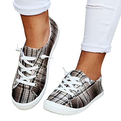 Dhenli Women Plaid Print Loafers Lace Up Canvas Shoes Fashion Sneaker Breathable Walking Shoes Flat Shoes Autumn #TOP3