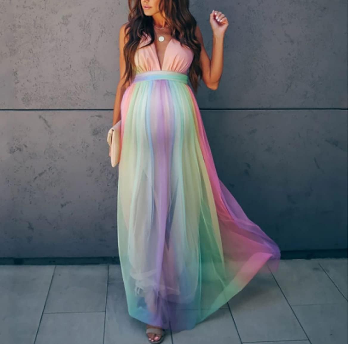 Women's Spaghetti Strap Maternity Photography Dress Colorful Maxi Party Dresses Pregnancy Gown for Photo Shoot