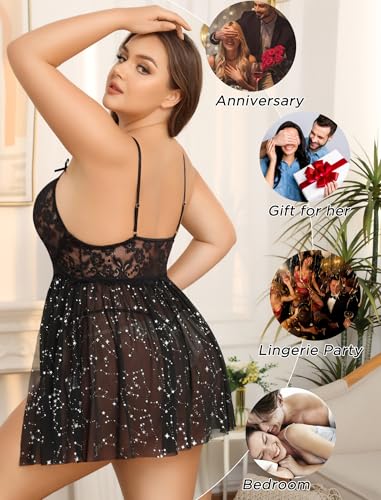 Image of Avidlove Plus Size Lingerie Lace Babydoll Womens Strap Chemise Nightgown V Neck Nighty Mesh Sleepwear Side Slit Nightdress