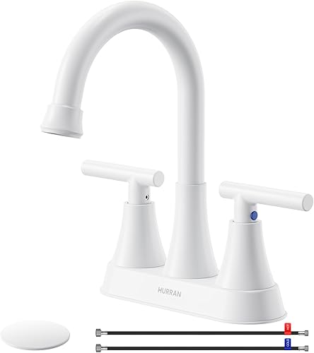 Miniatura 59 de Hurran - Grifos de baño para fregadero de 3 agujeros, 4 pulgadas, color negro mate con drenaje emergente y 2 mangueras de suministro, grifo central