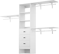 iSunirm 8FT Closet Organizer System: 96" Adjustable Wall-Mount Wardrobe with 3 Hanging Rods, 3 Drawers & Shelves, Cut-to-Fit 5-8FT, White