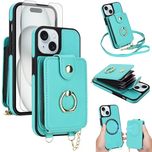 Asuwish Phone Case for iPhone 15 6.1 inch Wallet Cover Detachable and Screen Protector Ring Kickstand Crossbody Lanyard Strap Compatible with MagSafe RFID Blocking i Phone15 i15 15Case for Women Teal