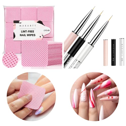 Makartt 3Pcs Nail Art Brushes And Pink Lint Free Nail Wipes Bundle, Thin Liner Brush Detail Design Pen Set, 1000Pcs Super Absorbent Soft Nail Wipes #TOP28