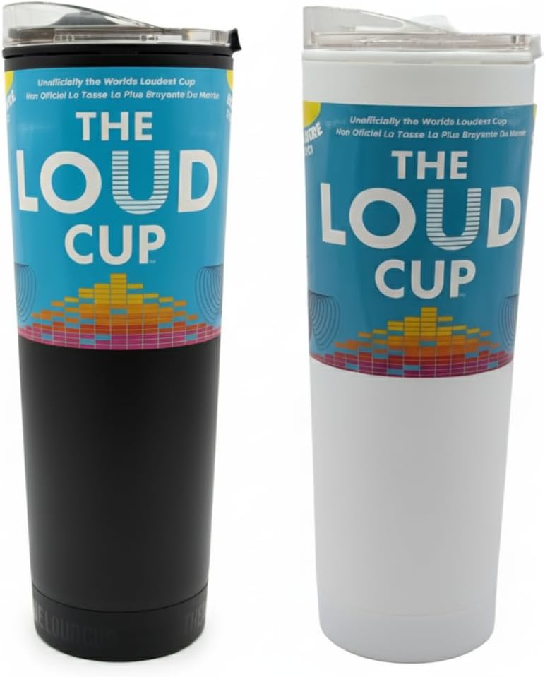 The LoudCup Reusable Water Bottle 2 Pack (Jet Black & Ice White) – 2-in-1 Travel Tumbler & Noisemaker – BPA-Free, Blow Horn & Cup with Slide Lid – For Sports Events, Game Day & Tailgating