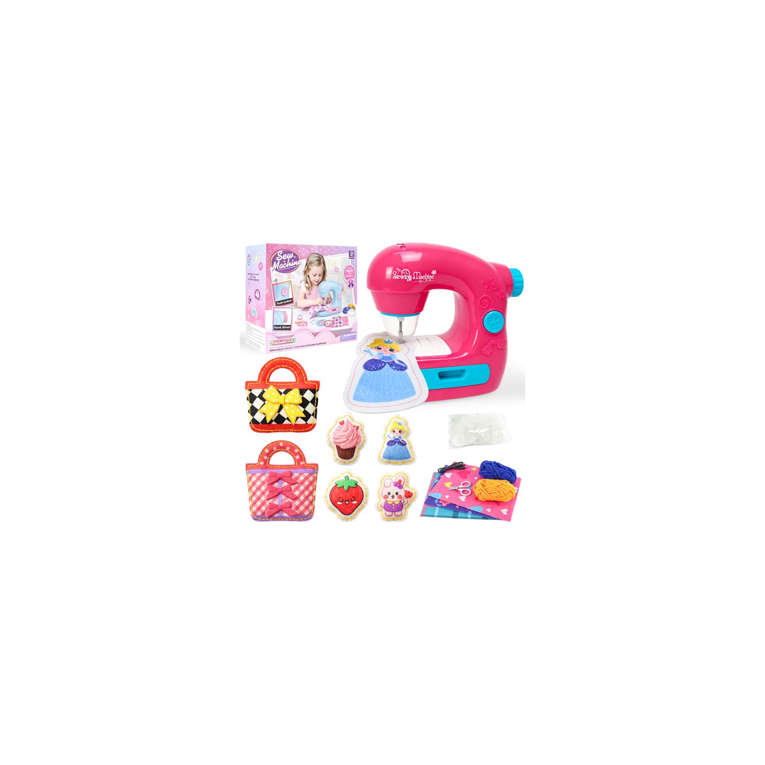FOTSHARER Fuchsia Sewing Machine Toy with Cloths Cotton Thread, Mini Kids Sewing Kit Sewing Kits Arts & Educational Crafts for Girls Toys, Kids Tool Set Toy for Beginners DIY Lovers — image 1