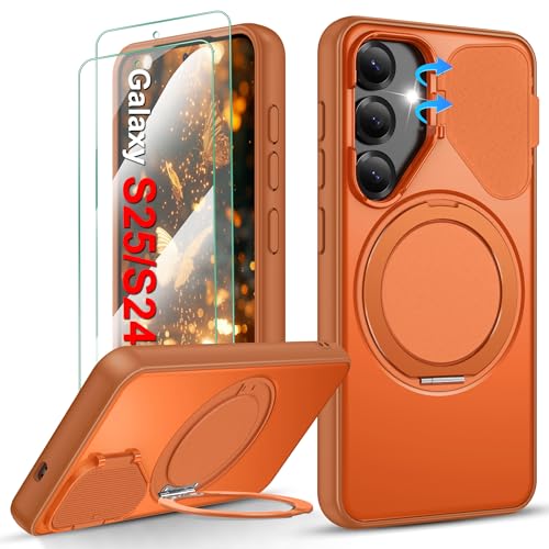 Gritup for Samsung Galaxy S25 Case,Flip Camera Cover | with Screen Protector,Ring Holder Stand Kickstand, Military Grade Dropproof Cell Phone Cover，Magnetic Accessory Friendly Phone Case,Orange