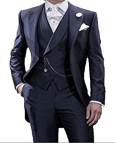 Mens Solid 3-Piece Suits Slim Fit Peak Lapel One Button Tuxedo Blazer Jacket Pants Vest Set(Navy Blue,48US/UK & 58EU)